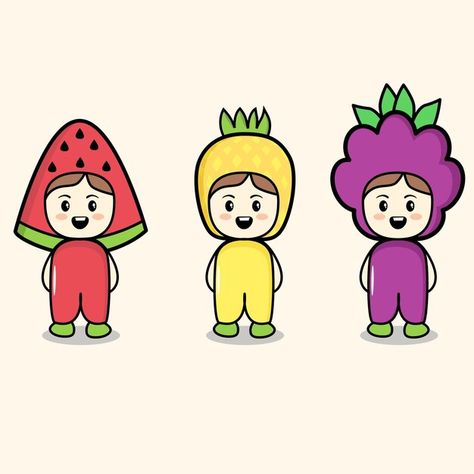 Cute fruit costume character collection ... | Premium Vector #Freepik #vector #character #fruit #cute #doodle Fruit Character Design Human, Fruit Character Design, Kawaii Pineapple, Fruit Logo Design, Fruit Costumes, Fruit Farm, Cartoon Body, Monkey And Banana, Fruit Logo