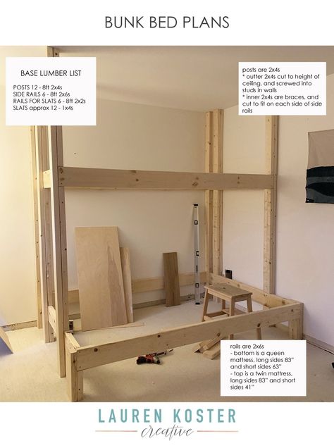 DIY Built-in Bunk Beds — Lauren Koster Creative Twin Over Queen Bunk Bed Built In Plans, Built In Bunk Beds Low Ceiling, Single Over Double Bunk Bed Diy, Custom Queen Bunk Beds, 4 Bunk Beds Built Ins Corner, House Bunk Bed Plans, Twin Xl Over Queen Bunk Bed Plans, Twin Loft Over Queen Bed Diy, Diy Bunkbeds Twin Over Queen