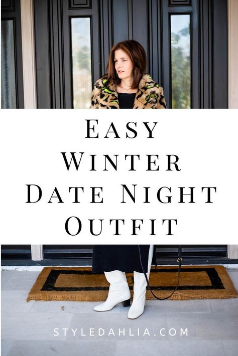 Simple and quick outfit that is always sexy. Easy winter date night outfit. #styledahlia #over40style #over50style #styleover50 #styleover40 #midlifestyle #midlifefashion #datenight #sweaterdress #winterstyle #winterfashion Date Night Outfit Winter Casual Over 50, Casual Date Night Outfit Fall Over 40, Date Night Outfit Over 50 For Women, Winter Date Night Outfit Cold, Cold Weather Date Night Outfit, Datenight Fall Outfits, Dinner Outfit Winter Casual, Winter Date Night Outfit, Dinner Outfit Winter