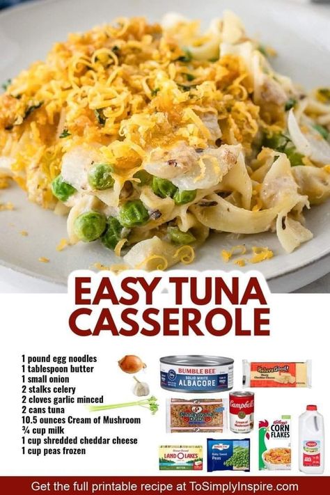 Simple Tuna Casserole, Corn Flakes Recipes, Casserole With Egg Noodles, Flake Recipes, Tuna Casserole Easy, Tuna Casserole Recipes, Cup Of Milk, Tuna Casserole, Cream Of Mushroom Soup