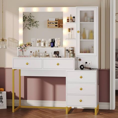 Amazon.com: Tiptiper Makeup Vanity with Lights & Charging Station, Large Vanity Desk with Mirror and Lights, Makeup Table with 5 Drawers & Shelves, White and Gold : Home & Kitchen Makeup Vanity With Lights, Vanity With Lights, Modern Vanity Table, Lights Makeup, Vanity Desk With Mirror, Makeup Vanity Lighting, Glass Door Design, Desk With Mirror, Plug Sockets