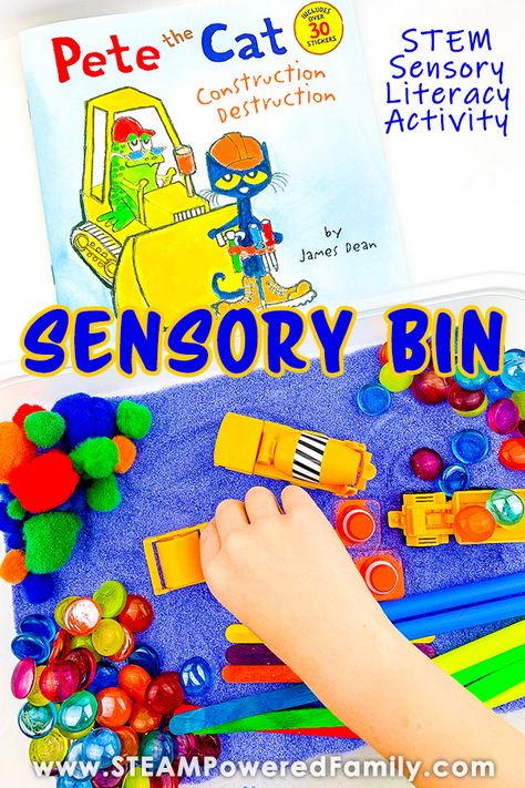 Preschool Book Themes, Pete The Cat Sensory Activities, Book Themed Sensory Bins, Book Sensory Bins, Pete The Cat Sensory Bin, Pete The Cat Activities For Preschoolers, Preschool Books And Activities, Prekindergarten Activities, Construction Sensory Bin