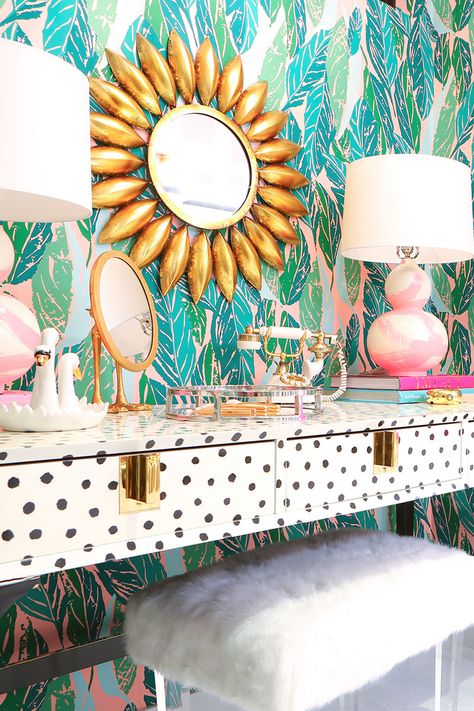 Eclectic Glam Decor, Indoor Interior Design, Eclectic Glam, Glam Bathroom, Dressing Room Closet, Banana Leaf Wallpaper, Glam Bedroom, Pool Boy, Decor Entryway