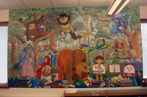 elementary library mural - Bing images | School Mural Ideas ... Library Painting, Library Mural, School Library Design, Library Themes, Elementary School Library, Library Inspiration, Childrens Library, School Murals, Elementary Library