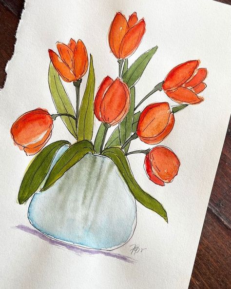 orange @pinterest Tulips In A Vase, Art Mini Toile, Tulip Drawing, Beautiful Floral Arrangements, Watercolor Tulips, Orange Tulips, Tulips In Vase, Vase Art, Watercolour Inspiration