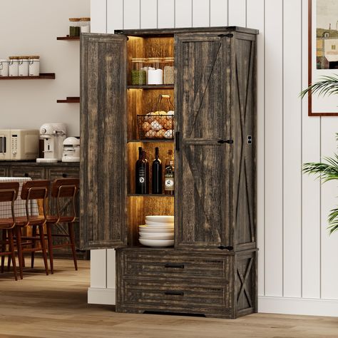 PRICES MAY VARY. Spacious Storage Solution: Measuring at 31.5"W x 15.75"D x 68.89"H, with two drawers each sized 27.36"W x 12.2"D x 3.94"H, our kitchen storage cabinet offers ample and versatile storage space. Keep your space tidy and beautifully adorned with 2 adjustable shelves, offering three height options to suit your storage needs Tri-color LED Lighting: Need to set the mood or find items inside the cabinet without turning on the room lights? Our farmhouse storage cabinet features tri-colo Utility Room Organization, Farmhouse Storage Cabinets, Tall Pantry Cabinet, Food Storage Cabinet, Wood Cupboard, Farmhouse Storage, Bathroom Storage Units, Furniture Storage Cabinets, Kitchen Sideboard