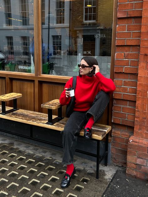 Shop FUNNEL-NECK WAISTED WOOL JUMPER - … and other curated products on LTK, the easiest way to shop everything from your favorite creators. Red Jumper Outfit, Red Sox Outfit, Red Tights, Loafers Outfit, Look Jean, Jumper Outfit, Red Jumper, Sock Outfits, London Outfit