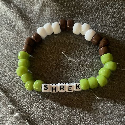 Handmade Kandi X Base Cuff, Mf Doom Bracelet, Kandi Bead Animals, Beaded Jewelry Green, Shrek Kandi, Shrek Bracelet, Rainbow Kandi Cuff, Words To Put On Kandi, Kandi Friendship Bracelets