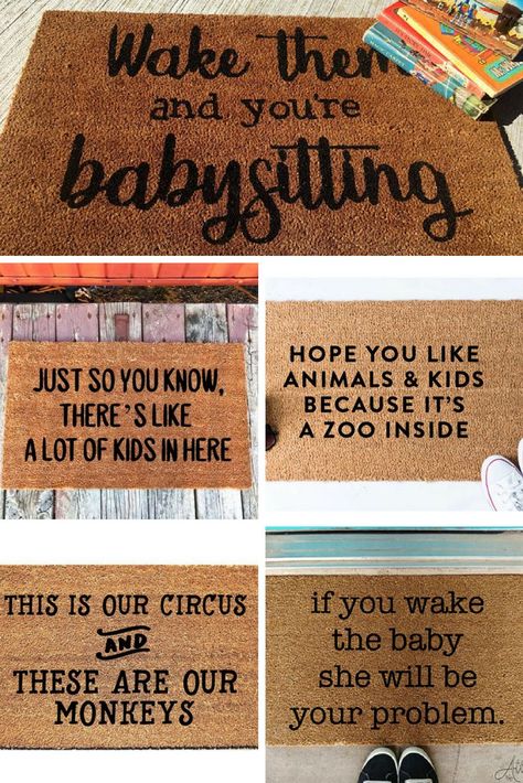 Welcome Mats for Moms & Dads! Such a funny gift idea for new parents! #homedecor #porchdecor #momlife #dadlife #parent | Little Blonde Mom Blog Door Matts, Blonde Mom, Mom And, Boss Gifts, Door Mat Diy, Engraving Ideas, Elephant Birthday, Funny Gift Idea, Family Decor