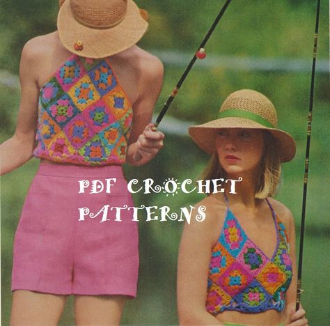 Instant Download Vintage Crochet Ladies' Granny by KatnaboxCrochet Mais Crochet Boat, Crochet Pattern Granny Square, Pattern Granny Square, Halter Top Pattern, Tops Pattern, Crochet Top Outfit, Vintage Crochet Pattern, Womens Halter Tops, Boat Neck Tops