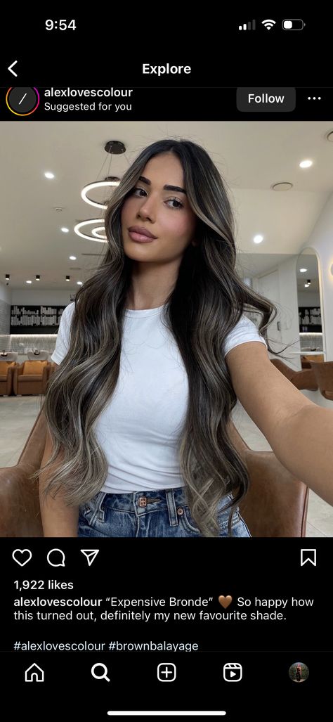 Bolyoge Dark Brown Hair, Dark Balayage On Black Hair, Balayage Hair With Extensions, Subtle Ash Balayage On Dark Hair, Long Brunette Hair Extensions, Black Hair With Natural Highlights, Balayage On Black Hair Indian, Brownie Batter Balayage, Hidden Highlights Hair