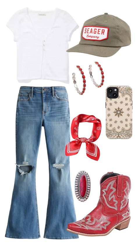 Red Cowboy Hat Outfit, Boots And Jeans Outfit Cowgirl, Red Cowboy Boots Outfit Concert, Red Cowgirl Outfit, Hardy Concert Outfit, Hardy Concert, Red Cowgirl Boots Outfit, Cowgirl Chic Outfits, Tiktok Outfit Ideas