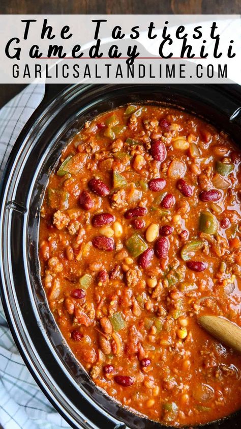 Simple & classic! You'll love this gluten free, homemade, thick slow cooker chili with ground beef, seasonings & veggies. Make it spicy or mild and substitute turkey for ground beef, if desired! This basic, healthy recipe is flexible, allows for creativity & results in few dishes. Cooking for a crowd? Double the recipe to feed everyone! Make a crockpot chili bar with toppings like shredded cheese, sour cream, green onion, cilantro, chips & more! Freeze leftover chili for easy meals all week. Chili With Green Chilis, Crockpot Chili With Vegetables, Chili For Crowd Crock Pot, Green Bean Chili Recipes, Chili Recipe With Veggies, Chili With Celery, Chili Recipe For Large Crowd, Fast Crockpot Chili, Cheap Crockpot Chili