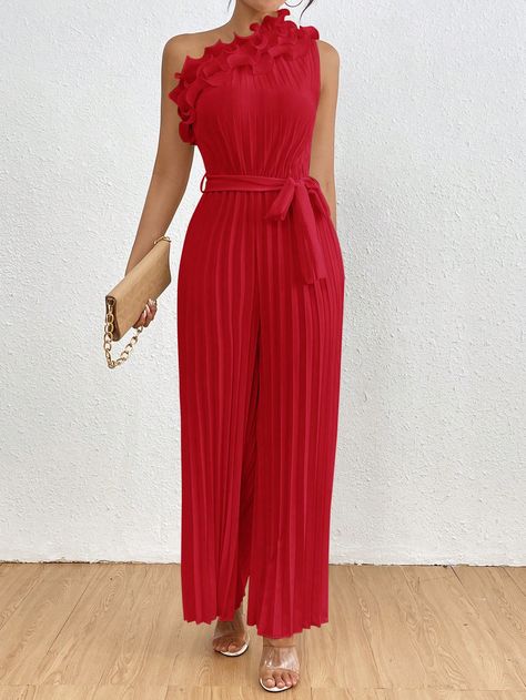 SHEIN Privé Women's Asymmetrical Neck Lace Trimmed Jumpsuit With Belted And Pleated DesignI discovered amazing products on SHEIN.com, come check them out! Summer Elegant, Asymmetrical Neckline, Neck Lace, Sleeveless Jumpsuits, Jumpsuits For Women, Summer Women, Women Clothing, Woven Fabric, Lace Trim