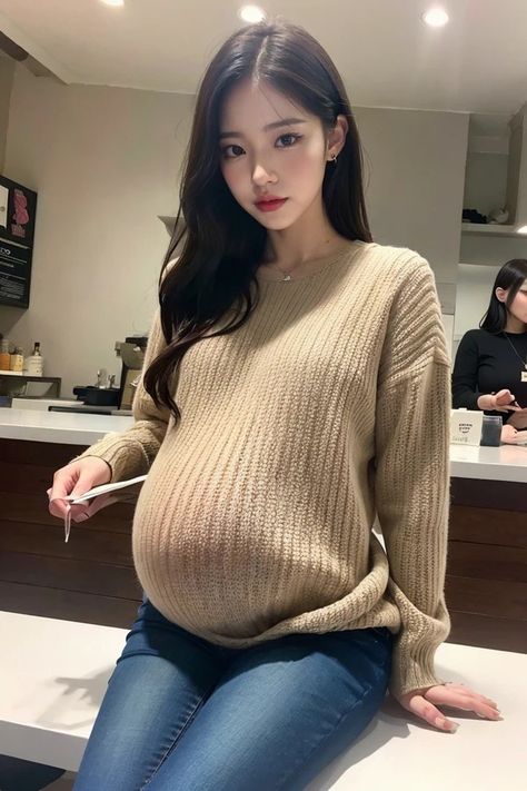 Pregnant Poses For Pictures, Big Pregnant Belly Anime, Pregnant Korean Woman, Fantasy Pregnant, Yn Pregnant, Pregnant Anime Woman, Korean Pregnant, Pregnant Woman Art, Pregnant Anime