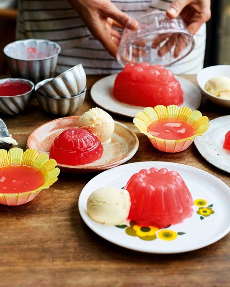 Rhubarb jelly and Bird’s custard ice cream | delicious. magazine Custard Ice Cream Recipe, Ice Cream Ideas, Rhubarb Jelly, Bird's Custard, Natural Food Dye, Custard Ice Cream, Glass Serving Dishes, Rhubarb And Custard, Custard Powder