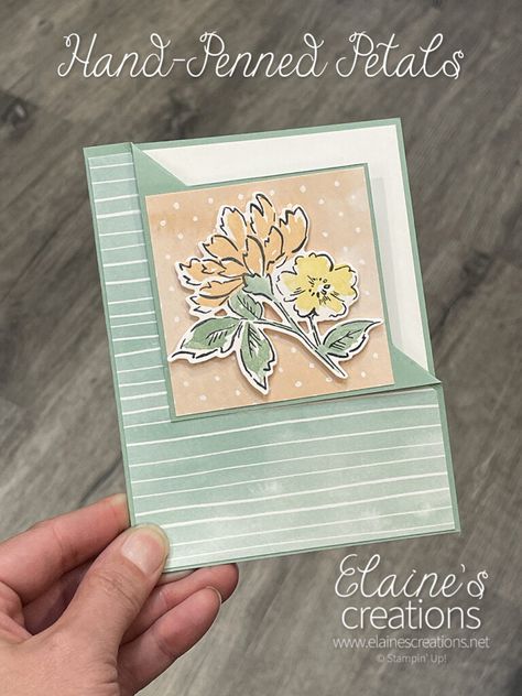 How to Make a Corner Flip Hand-Penned Petals Card! | Corner Flip Card Tutorial, Corner Flip Card, Flower Pot Card, Card Folds, Flip Cards, Floral Card, Cute Card, Fold Cards, Flower Stamp