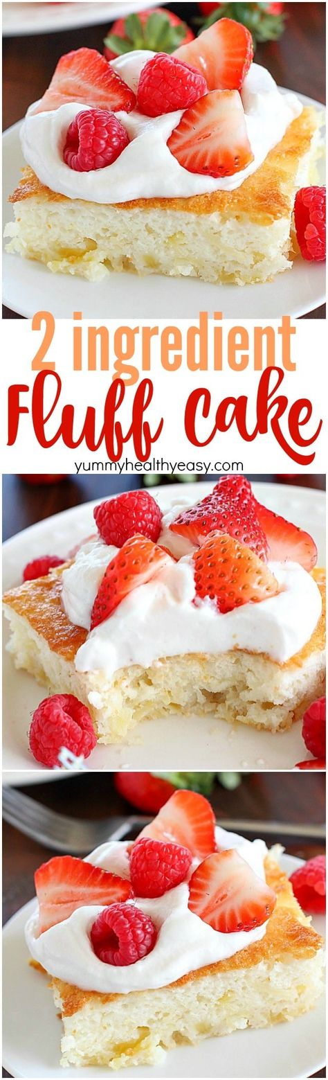 Fluff Cake is a delicious fat-free, low-calorie dessert with only TWO easy ingredients! It's the easiest dessert to make and comes out fluffy and light. Great served with fruit and whipped topping. :) Fluff Cake, Fat Free Desserts, Low Cal Dessert, Easiest Dessert, Low Fat Desserts, Dessert To Make, Low Calorie Dessert, Dessert Simple, Easy To Make Desserts