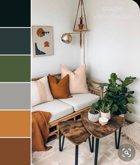 Earthy Interior Color Palette, Orange Green Wood Living Room, Olive Color Palette Living Room, Muted Jewel Tone Living Room, Earth Tone Library, Earth Tones With A Pop Of Color, Boho Room Color Palette, Terracota Green Living Room, Sage Green And Rust Living Room