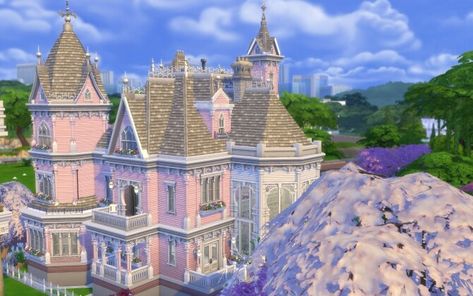 Sims 4 Pink House, The Sims Houses, House Sims 4, Pink Victorian, Victorian Mansion, Victorian Mansions, Sims Houses, Pink House, Pink Houses