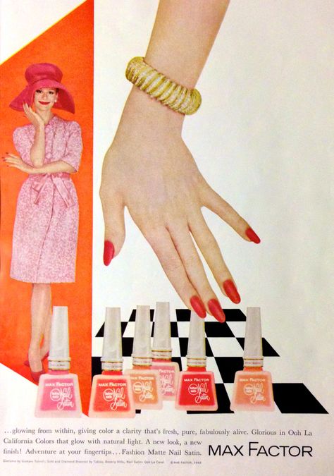 1960s Nails, American Wallpaper, Vintage Makeup Ads, California Colors, Makeup Ads, Retro Nails, Nail Salon Decor, Retro Makeup, Matte Nail