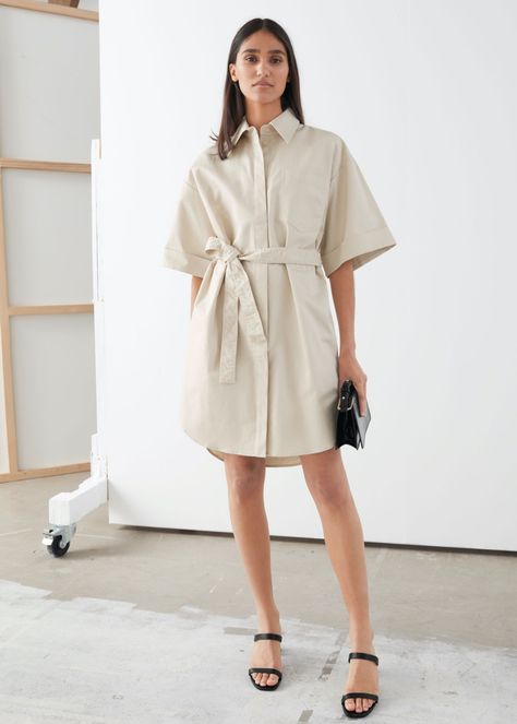 & Other Stories Topstitched Utility Shirt Dress in Beige $99 Beige Shirt Dress, Graphic Print Dress, Beige Shirt, Utility Shirt, Belted Midi Dress, Dress Beige, Belted Shirt Dress, Puff Sleeve Dresses, Mini Dress Shop