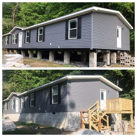 Before and after porch added and start of stucco 💙😍 Manufactured Homes, Gorgeous Houses, Trailer Home, Mobile Homes, Pit Bulls, Manufactured Home, Mobile Home, Porch, Shed