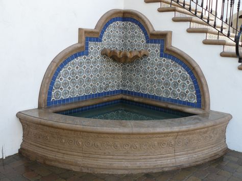 Custom Corner Fountain......Old Town.La Quinta Corner Fountain, Limestone Fountain, Cast Stone Mantel, Cast Stone Fireplace, Water Fountain Design, Stone Fireplace Mantel, Stone Mantel, Spanish Decor, Fountain Design