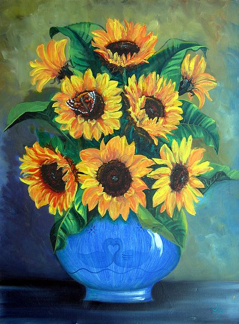 Sunflowers In Vase, Painting Yellow Flowers, Flower Vase Drawing, Picture Acrylic, Blooming Sunflower, Sunflower Vase, Diy Paint By Numbers, Acrylic Diy, Painting Yellow