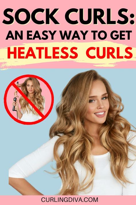 You've heard of heatless curls, but do you know how to get them? Sock curls are an easy way! Wrap your hair in a sock and go about your day. When you take the sock out, voila! Instant curls. It's a great way to use up old socks and it makes your hair super soft in the process. Learn how to curl short hair with a sock! It's easy, quick, and gives you bouncy curls that last all day long. Sock curls are a simple way to add volume, texture, and curl to your hair without heat styling. Curl Your Hair With Socks, Sock Curls Tutorial, Hair With Socks, Curling Hair With Socks, Curled Layered Hair, Curl Hair Without Heat, Easy Curled Hairstyles, Heartless Curls, Sock Curls