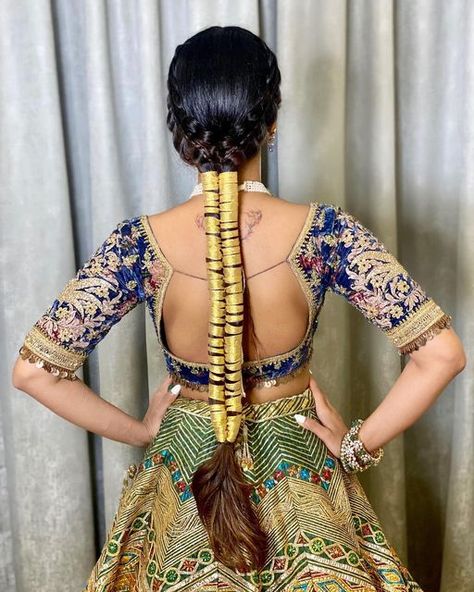 Ritika Kadam | Hair Artist on Instagram: "This season is all about embracing braids, hair length and experimenting with elements like golden ribbons to bring out a truly unique style ✨ Can’t wait to show you the whole look. Stay Tuned. Hair : @ritikahairstylist Outfit : @marwarcouture Makeup : @anuja_kalokhe Beauty : @vinnymiranda007 #Bride #Brides #Braid #Braided #LongBraid #Ribbon #RibbonHairStyle #Ribbons #Love #GoldenBraid" Simple Bridal Hairstyles, Bridal Hair Jewellery, Simple Bridal Hairstyle, Mehndi Hairstyles, Bridal Trends, Engagement Hairstyles, Long Hairdos, Bridal Braids, Bridal Hairdo