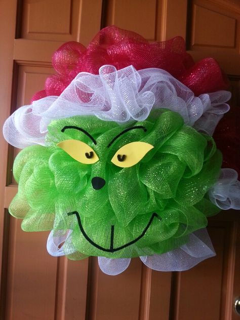 The Grinch I made :-) wreath Make A Grinch, Christmas Ideas For Boyfriend, Grinch Wreath, Grinch Christmas Party, Rustic Christmas Wreath, Deco Wreaths, Deco Mesh Christmas Wreaths, Christmas Mesh Wreaths, Christmas Wreaths To Make