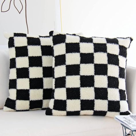 Pillow Cases: Jojesus Decorative Throw Pillow Covers Couch Bedroom, Checked Cushions, Wool Throw Pillows, Cozy Feeling, Wool Throw, Checkerboard Pattern, Pattern Case, Cushion Pattern, Black Faux Fur