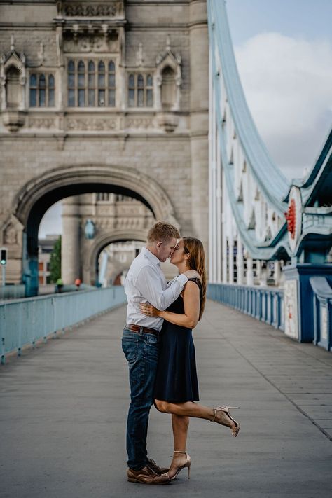 London Engagement Photos - Best London Photo Spots - Heel Kick in Engagement Photo on Tower Bridge Engagement Photos Jeans, Direct Flash Photography, London Couple, London Engagement, Photoshoot London, National Grandparents Day, London Tower, Early Photos, Tower Bridge London