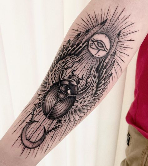 Bug Tattoo Ideas, Scarab Beetle Tattoo, Scarab Tattoo, Beetle Tattoo, Shin Tattoo, Egyptian Tattoo Sleeve, Egypt Tattoo, Armband Tattoo Design, Insect Tattoo