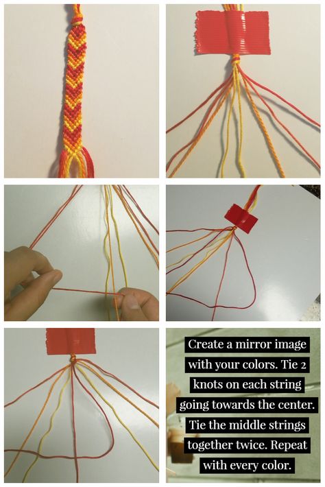 Starting on the left with red on the outside, tie 2 knots on the dark orange in the shape of a 4. Do the same with the orange and yellow strings. Then, starting from the right, tie 2 knots on each string in the shape of a backwards 4. When both of the red strings are in the middle, tie 2 backwards knots to tie them together. Repeat with every color. How To Do A Backwards Knot, Backwards Knot, Glamping Party, Diy Friendship Bracelets Tutorial, Future Bedroom, Bracelets Tutorial, String Bracelets, Friendship Bracelets Tutorial, Bracelets Patterns