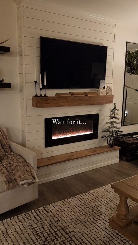 Cozy vibes and secret storage! ✨️ Our electric fireplace isn't just for warmth—it's a stylish centerpiece with a sneaky surprise. Stay… | Instagram Electric Farmhouse Fireplace, Living Room With Fireplace And Tv Stand, Small Faux Fireplace Ideas, Freestanding Electric Fireplace Ideas, Mounted Tv Over Fireplace, Fireplace Wall Insert, Electric Fireplace Under Tv, Rustic Electric Fireplace Ideas, Corner Electric Fireplace Ideas With Tv