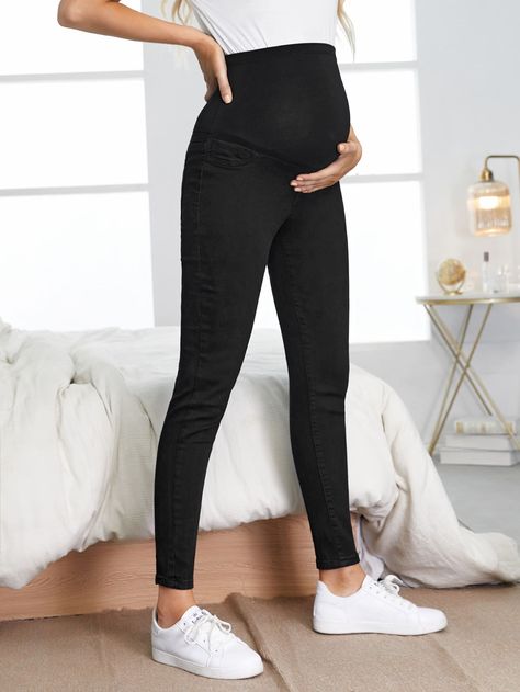 Black    Denim Plain  Embellished Slight Stretch  Maternity Plaid Bodycon Dress, Solid Hoodie, Solid Skirt, Solid Leggings, Knitted Bodycon Dress, Womens Maternity, Body Con Skirt, Color Block Sweater, High Waisted Leggings