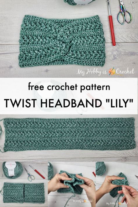 My Hobby Is Crochet: Lily Twist Headband - Free Crochet Pattern Crochet Messy Bun Ear Warmer Pattern Free, Free Crochet Twist Headband Patterns, Crochet Puff Stitch Headband, Wide Ear Warmer Crochet Pattern, Crochet Pattern Headband Free, Andes Headband Crochet, Crochet Headbands With Elastic, Crochet Earwarmer Headband Pattern Free, Quick And Easy Crochet Headband