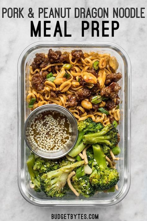 A little bit indulgent, a little bit healthy, this Pork and Peanut Dragon Noodle Meal Prep is a flavorful, filling, and DELICIOUS lunch! #noodles #pork #mealprep #mealplanning #mealprepsunday #easydinner #dinnerrecipes #dinner #lunch Noodle Meal Prep, Dragon Noodles, Meal Prep Plans, Easy One Pot Meals, Delicious Lunch, Sunday Meal Prep, Prepped Lunches, Meal Prep Bowls, Lunch Meal Prep