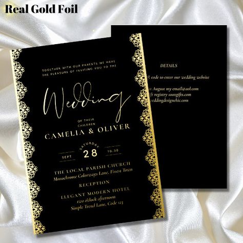 Elegant Black Gold Foil Lace Vintage Wedding Foil Invitation Wedding Inventations, Wedding Invitation Cards Online, Zazzle Wedding Invitations, Black And Gold Wedding, Black Gold Wedding, Gold Foil Wedding Invitations, Zazzle Wedding, Gold Foil Wedding, Themed Wedding Invitations