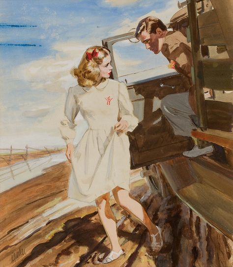 Al Parker (American, 1906-1985) Roadside Chat, watercolor on board 14 x 12 inches Vintage Illustration Art, American Illustration, Vintage Romance, Pulp Art, Vintage Life, Couple Art, Pulp Fiction, Old Art, Magazine Art