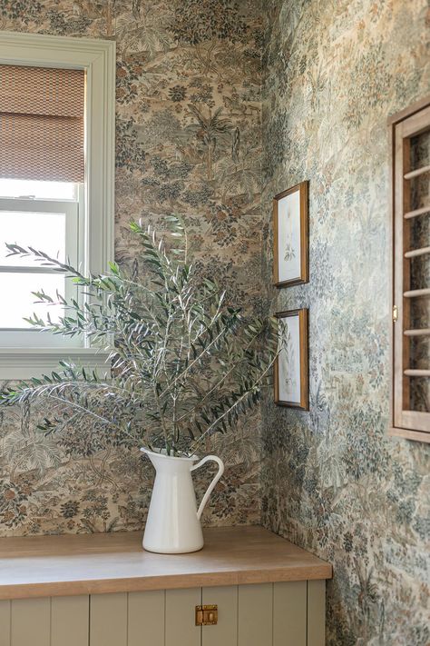 Tiny Laundry Room Makeover, Laundry Room With Wallpaper, Butcher Block Stain, Laundry Room Wallpaper Ideas, Herringbone Brick Floor, Tiny Laundry Room, Hacienda Kitchen, Brick Floors, Heights House