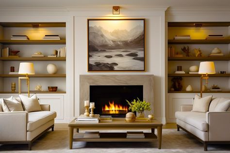 Living Room Built In Units, Formal Living Room Designs, Built In Around Fireplace, Cozy Window Seat, Painted Brick Fireplaces, Gorgeous Fireplaces, Built In Shelves Living Room, Living Room Built Ins, Linear Fireplace