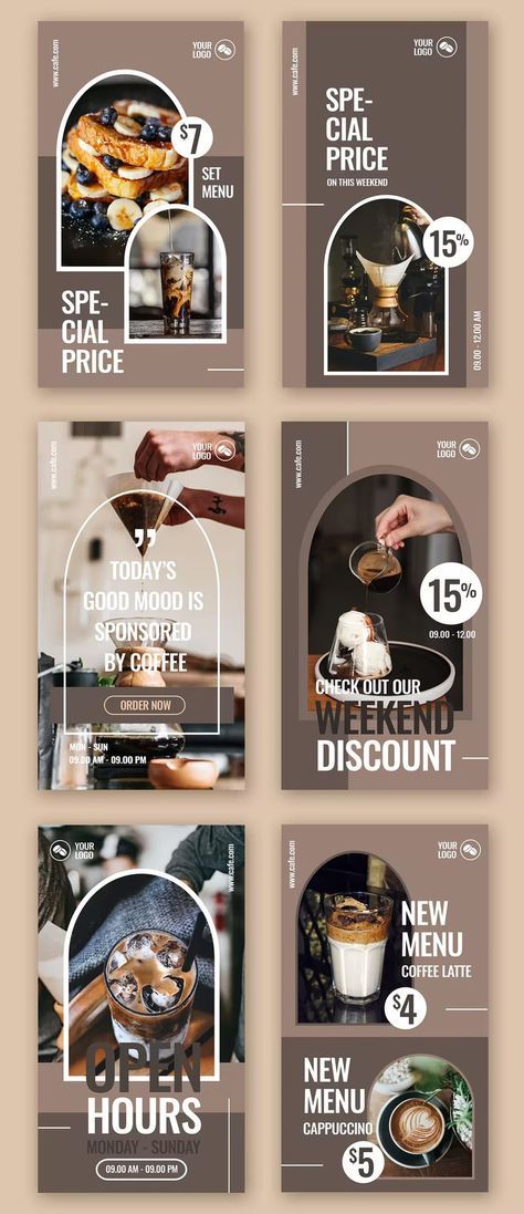 Coffee Shop Instagram Story Templates PSD Story Ideas Instagram For Business, Coffee Shop Instagram Post Ideas, Story Promotion Instagram, Instagram Story Ideas Promotion, Instagram Story Ideas Advertising, Coffee Shop Poster Design Ideas, Instagram Feed Coffee Shop, Instagram Story Ideas Coffee Shop, Bakery Instagram Story Ideas