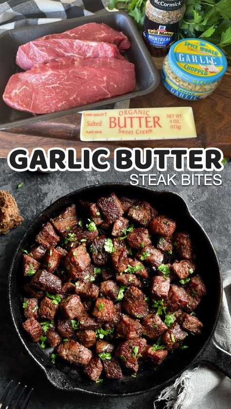 Steak Bites With Garlic Butter, Cast Iron Skillet Recipes Dinner, Resep Steak, Garlic Butter Steak Bites, Steak Dinner Recipes, Butter Steak Bites, Round Steak Recipes, Skillet Steak, Ribeye Steak Recipes