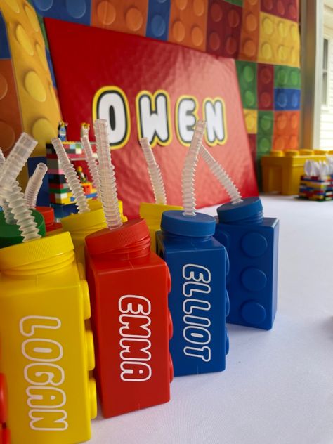 Dollar Tree Lego Party, Cups With Cricut, Lego Pool Party, Party Decor Cricut, Lego Pool, Lego Themed Party, Lego Theme, Lego Cake, Lego Birthday Party