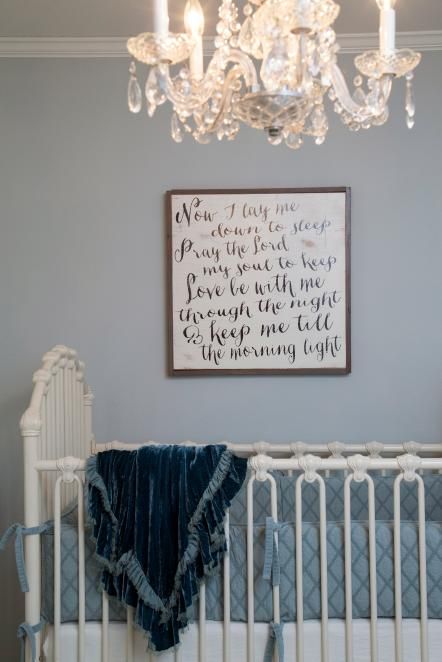 Copy This Look: A comforting prayer hangs as an art piece above the crib in the nursery. Find a meaningful passage and write or print it in a script font for easy-to-create, personalized wall art. Joanna Gaines Nursery, Nursery Paint, Vintage Crib, Hgtv Fixer Upper, Magnolia Farms, Vintage Chandeliers, Chic Nursery, Bedtime Prayer, Room Photo