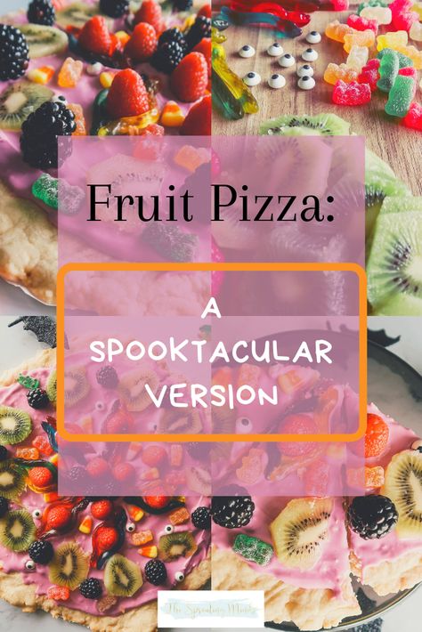 Fruit Pizza Recipe: A Spooktacular Version - The Sprouting Minds Fruit Pizza Halloween, Halloween Fruit Pizza Ideas, Halloween Cookie Pizza Ideas, Halloween Fruit Pizza Sugar Cookie, Halloween Fruit Pizza, Halloween Party Food Pizza, Halloween Dessert Pizza, Fruit Pizza Looks Like Watermelon, Ghost Fruit