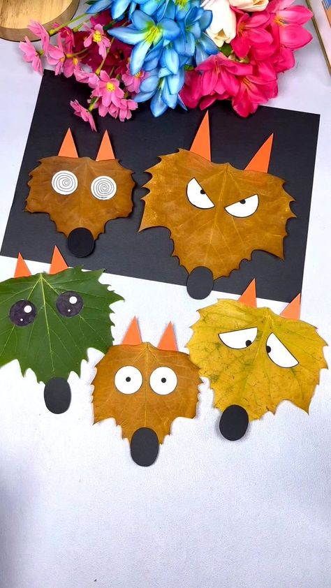 Leaf Art Diy, Wolf Craft, Leaf Stickers, Diy Leaf, Origami Artist, Easy Art For Kids, Wall Art Diy Paint, Paper Craft Ideas, Easy Doodles